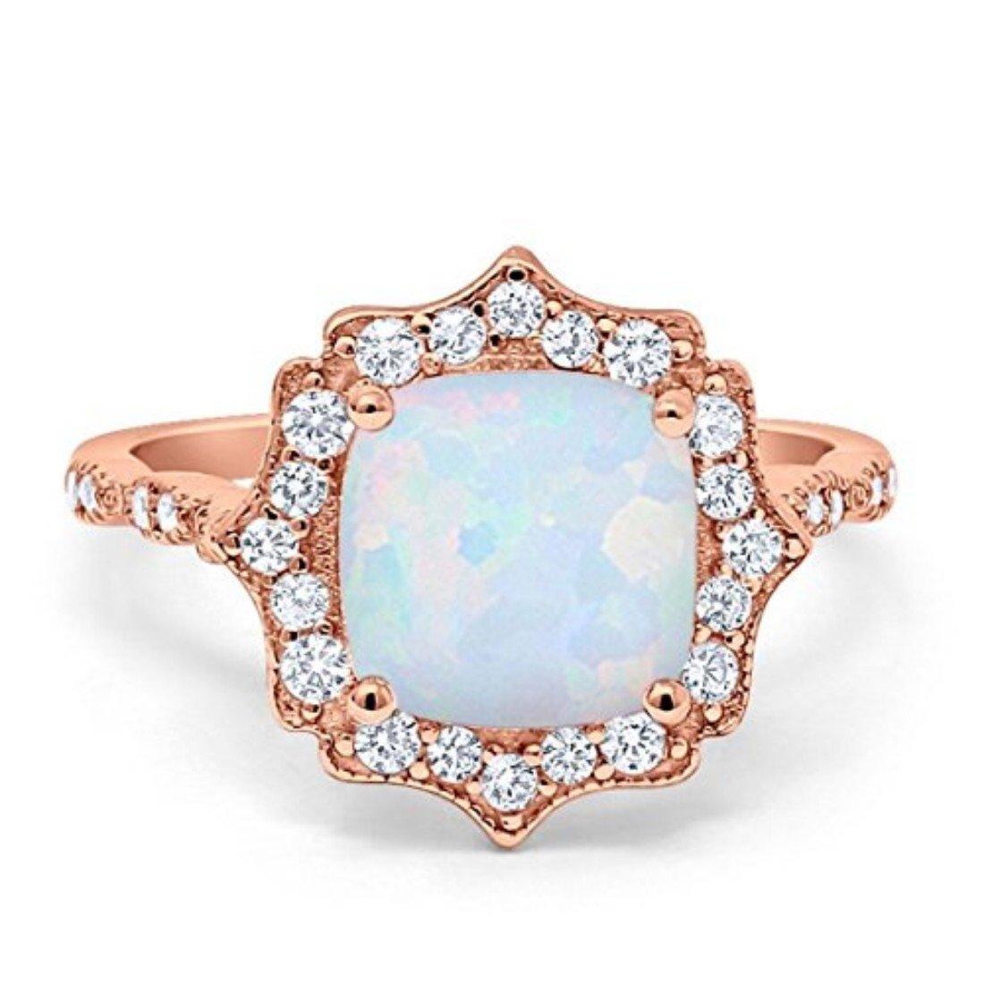 Halo Engagement Ring Cushion Rose Tone, Lab Created White Opal