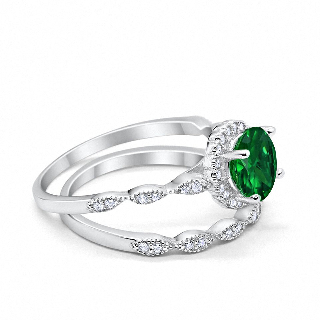 Two Piece Halo Wedding Ring Round Simulated Green Emerald CZ