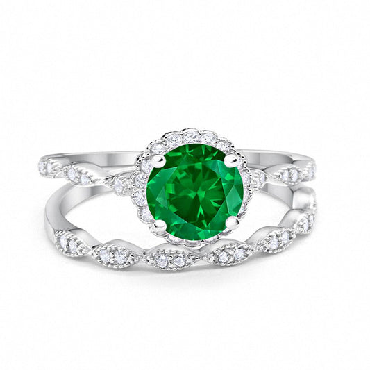 Two Piece Halo Wedding Ring Round Simulated Green Emerald CZ