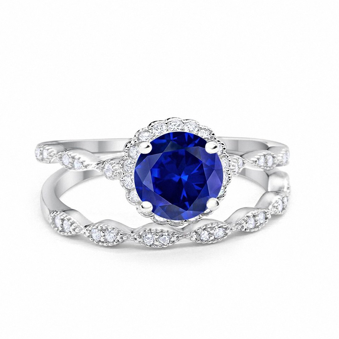 Two Piece Halo Round Simulated Blue Sapphire CZ Wedding Ring