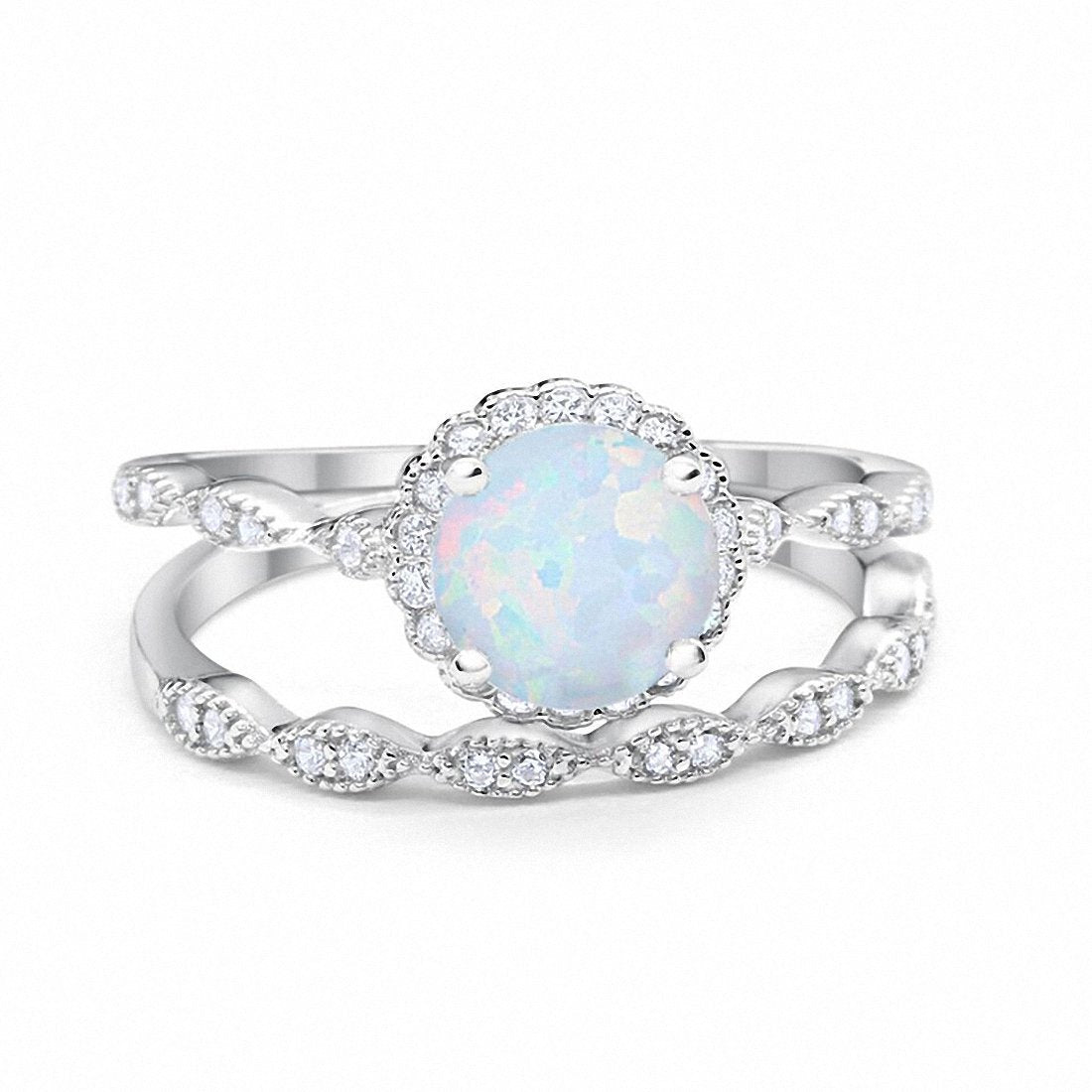 Two Piece Halo Round Simulated CZ Lab White Opal Wedding Ring