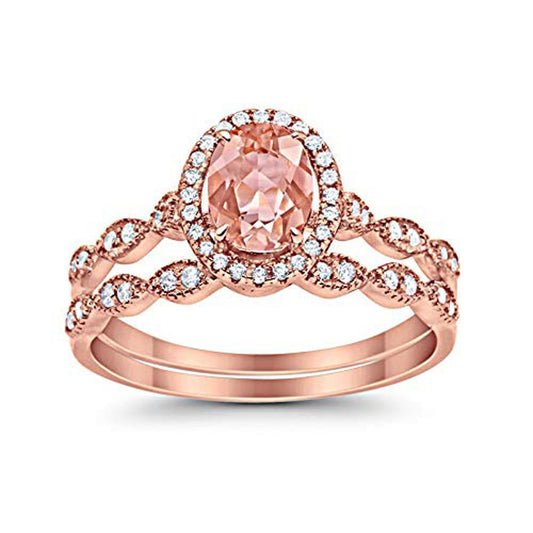 Halo Bridal Set Piece Oval Rose Tone, Simulated Morganite CZ Ring