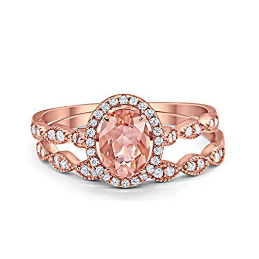 Halo Bridal Set Piece Oval Rose Tone, Simulated Morganite CZ Ring