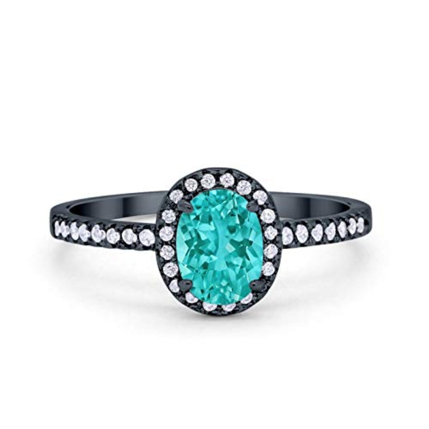 Halo Oval Engagement Ring Black Tone, Simulated Paraiba Tourmaline CZ