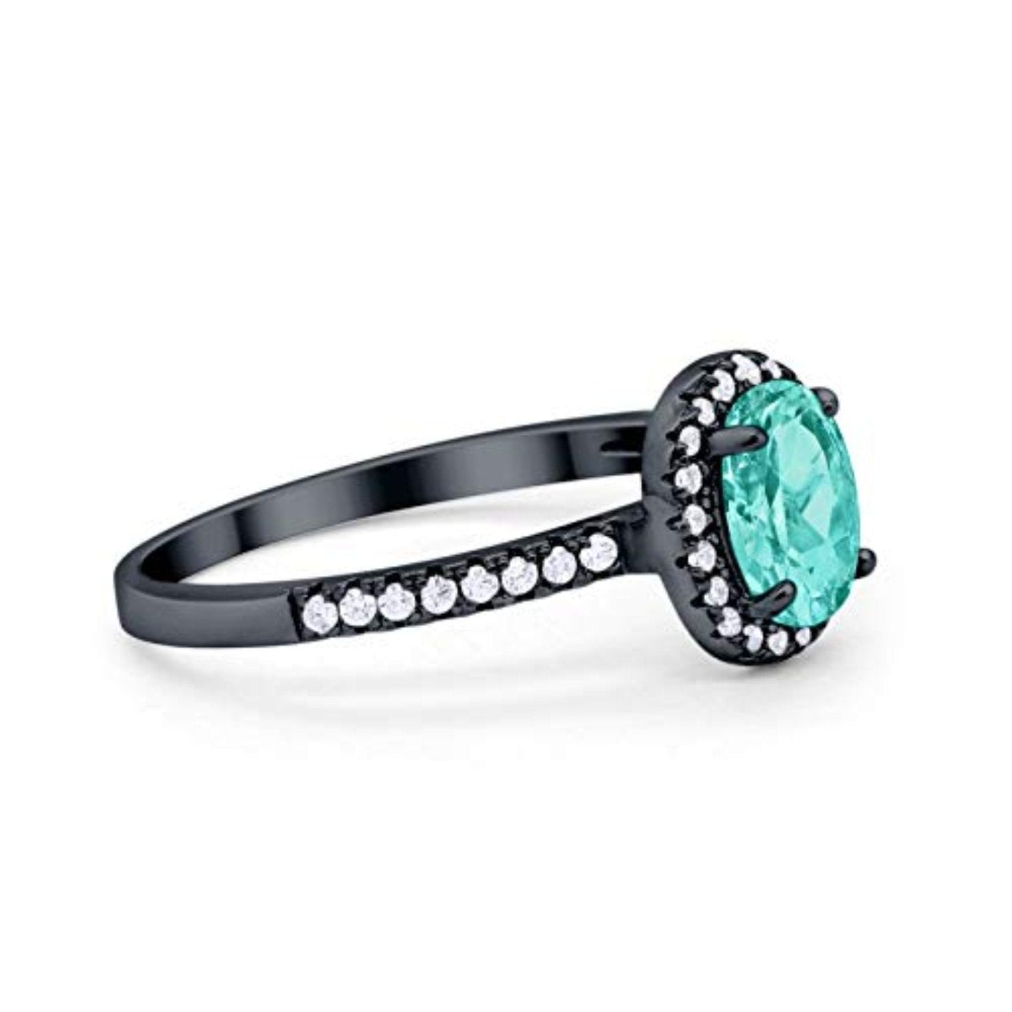 Halo Oval Engagement Ring Black Tone, Simulated Paraiba Tourmaline CZ