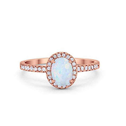 Halo Oval Rose Tone, Lab Created White Opal Wedding Ring