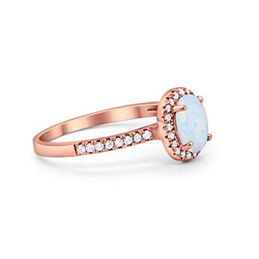 Halo Oval Rose Tone, Lab Created White Opal Wedding Ring