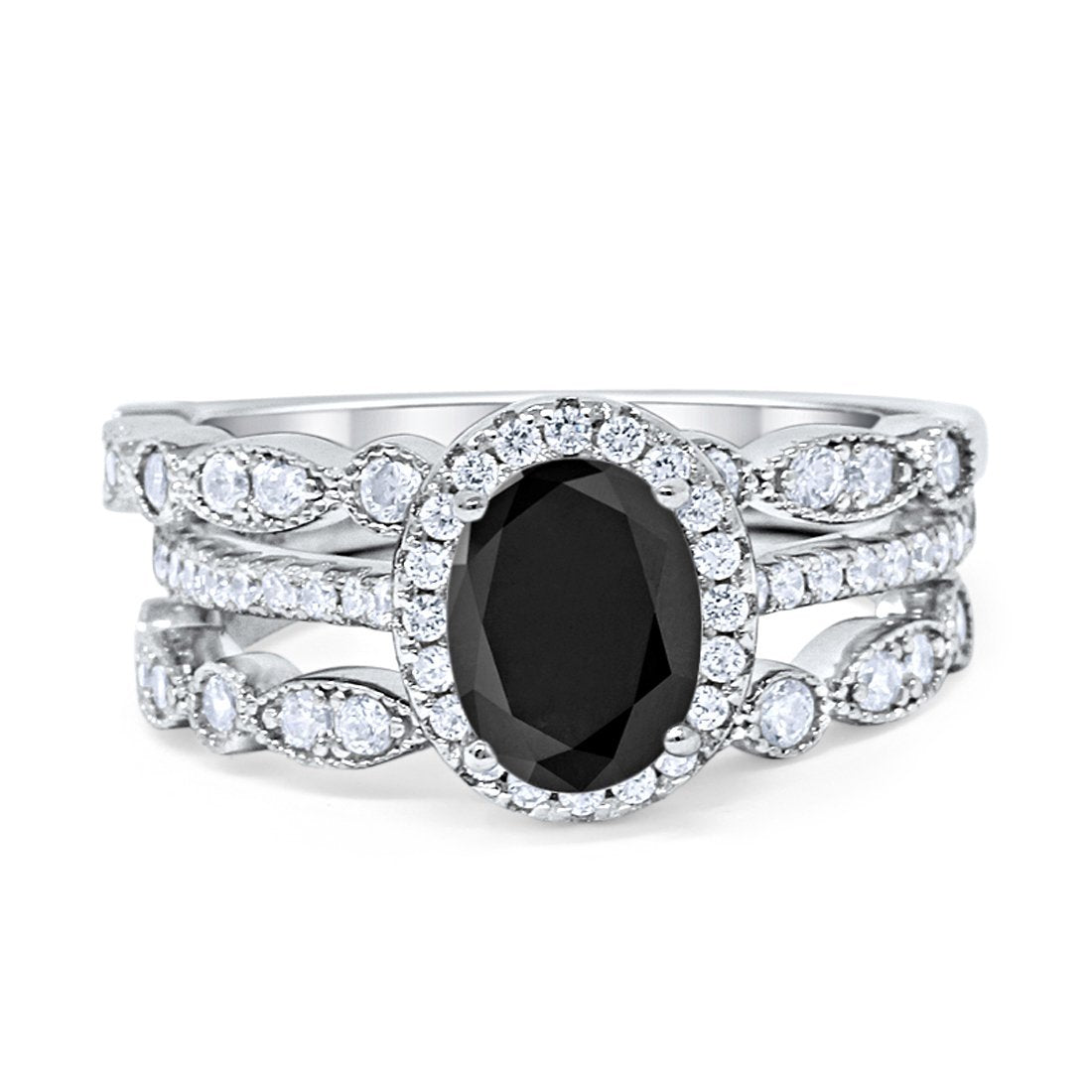 Three Piece Halo Engagement Ring Oval Simulated Black CZ