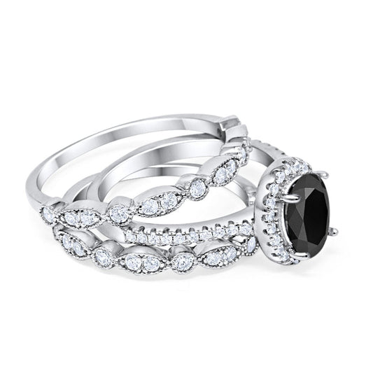 Three Piece Halo Engagement Ring Oval Simulated Black CZ