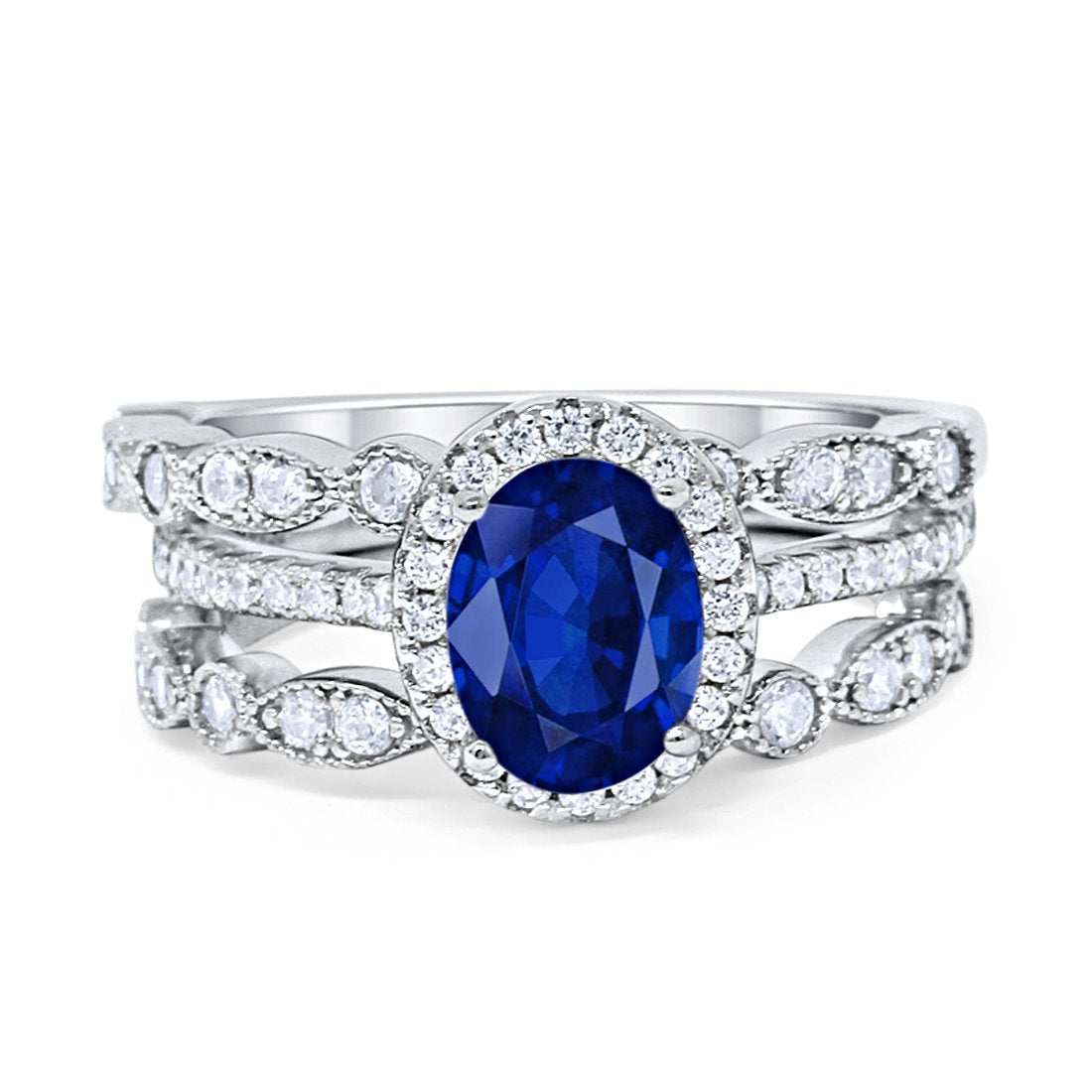 Three Piece Halo Engagement Ring Oval Simulated Blue Sapphire CZ