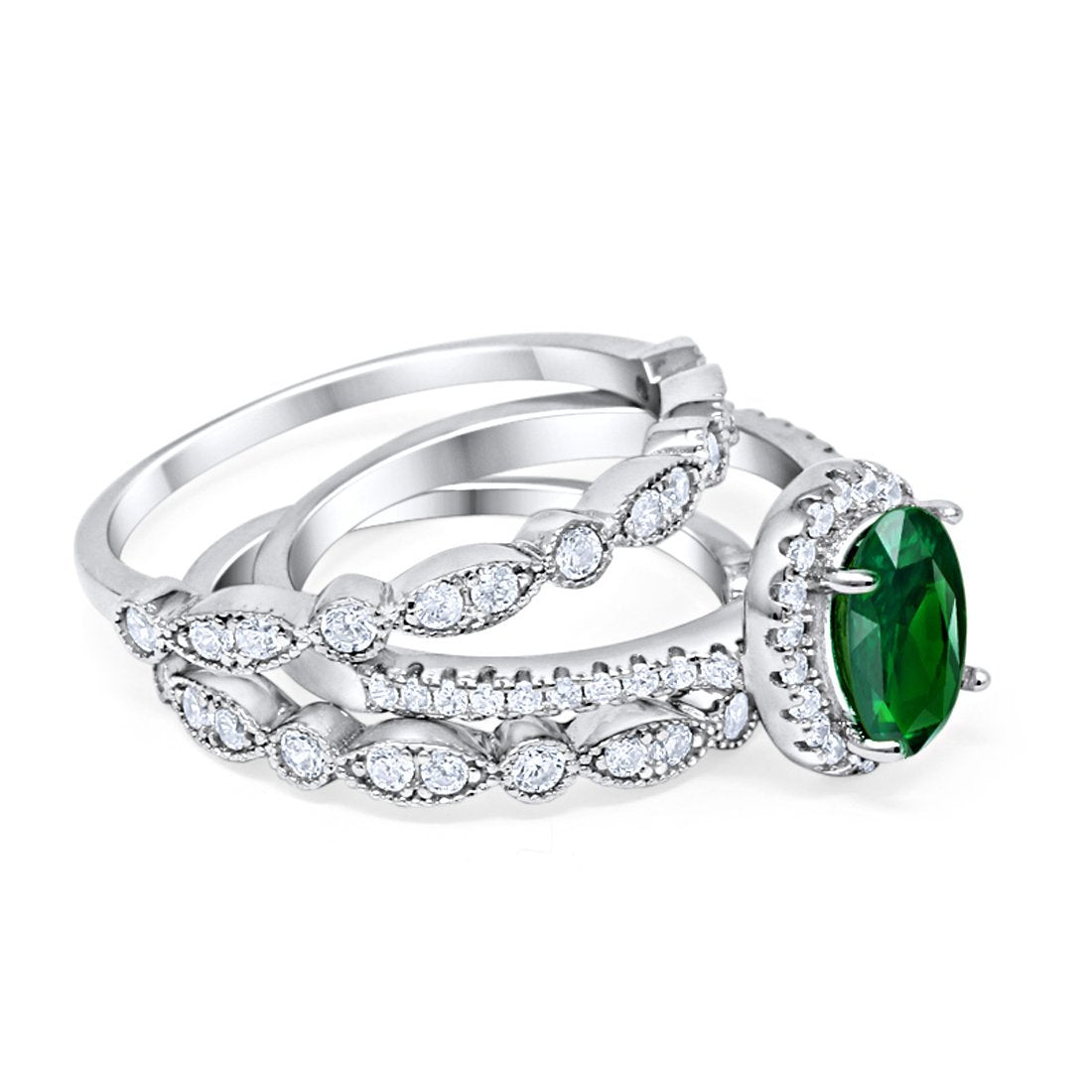 Three Piece Halo Engagement Ring Oval Simulated Green Emerald CZ