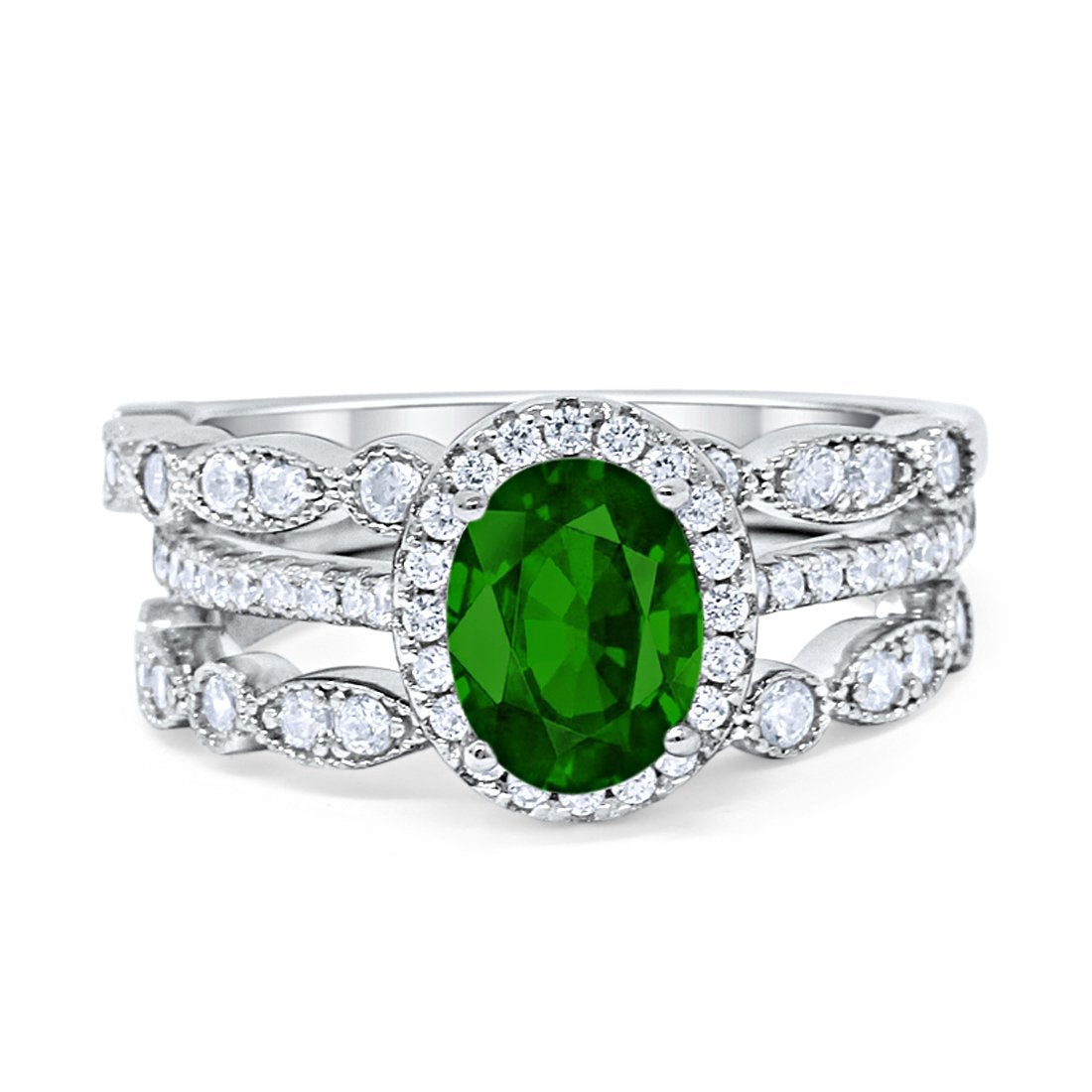 Three Piece Halo Engagement Ring Oval Simulated Green Emerald CZ