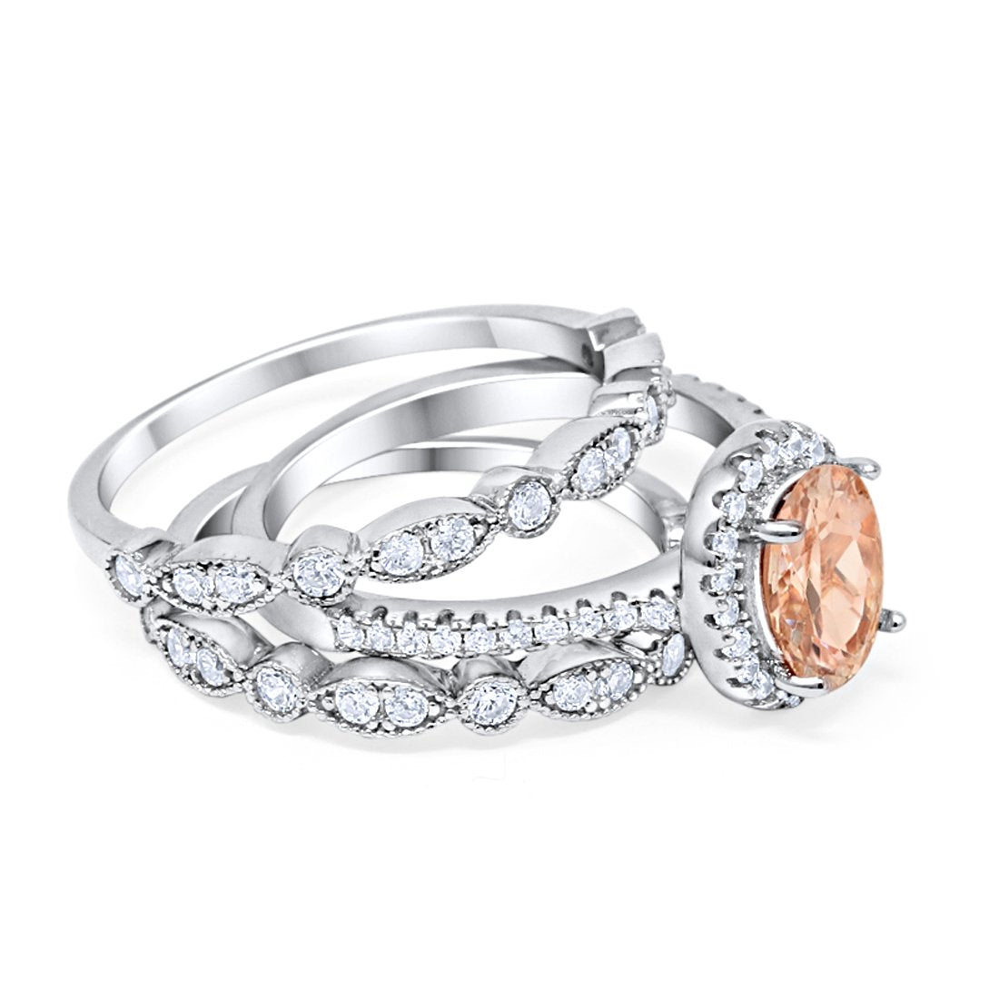 Three Piece Halo Engagement Ring Oval Simulated Morganite CZ