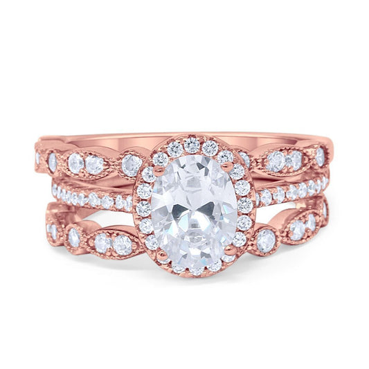 Three Piece Halo Oval Rose Tone, Simulated CZ Engagement Ring