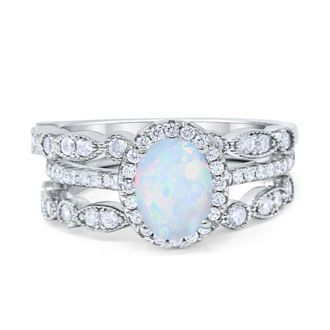 Three Piece Engagement Ring Oval Created White Opal