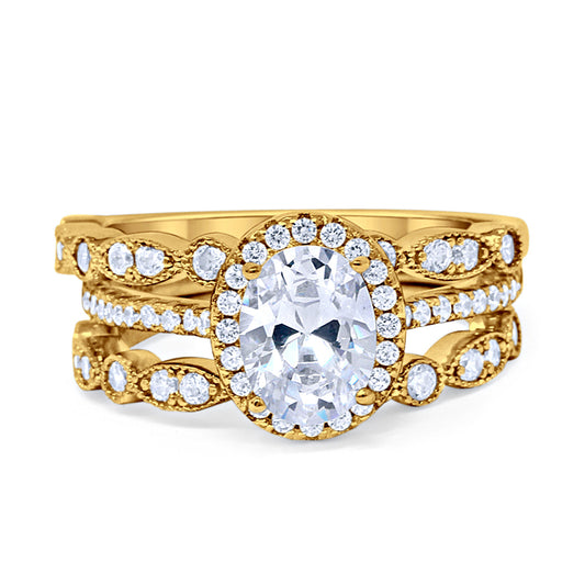 Three Piece Halo Oval Yellow Tone, Simulated Cubic Zirconia Engagement Ring