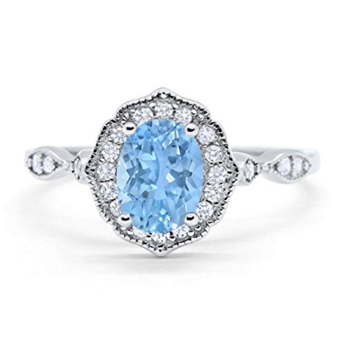 Antique Style Wedding Ring Oval Simulated Aquamarine CZ