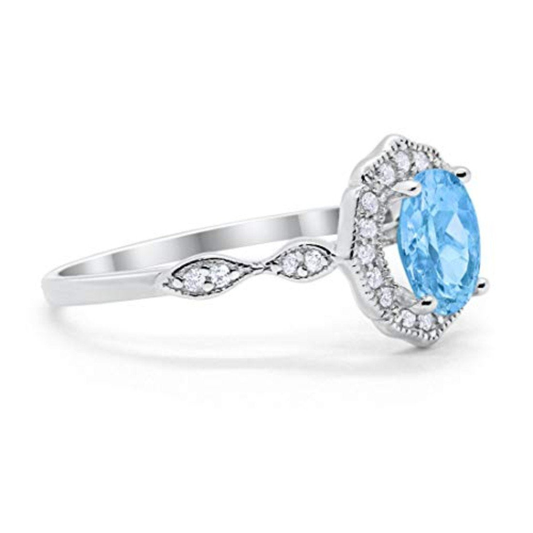 Antique Style Wedding Ring Oval Simulated Aquamarine CZ