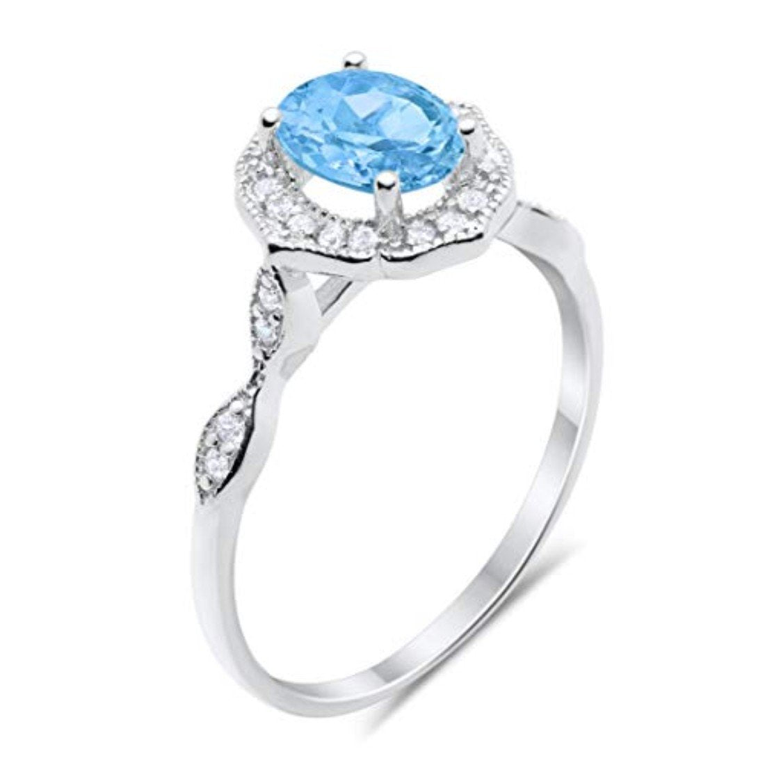 Antique Style Wedding Ring Oval Simulated Aquamarine CZ