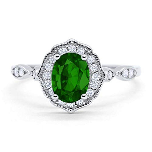 Antique Style Wedding Ring Oval Simulated Green Emerald CZ