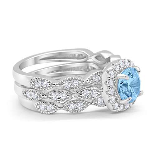 Halo Three Piece Wedding Bridal Set Simulated Aquamarine CZ Ring