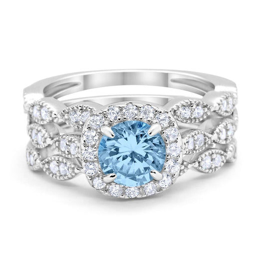 Halo Three Piece Wedding Bridal Set Simulated Aquamarine CZ Ring