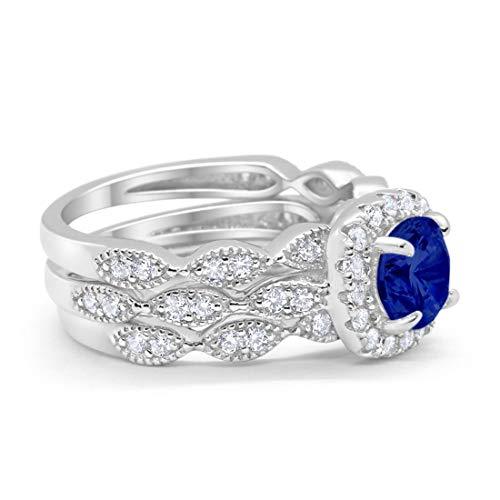 Halo Three Piece Wedding Bridal Set Simulated Blue Sapphire CZ Ring