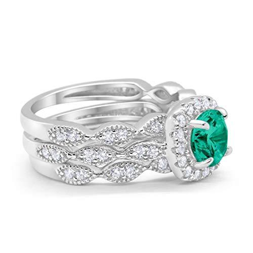 Halo Three Piece Wedding Bridal Set Simulated Green Emerald CZ Ring