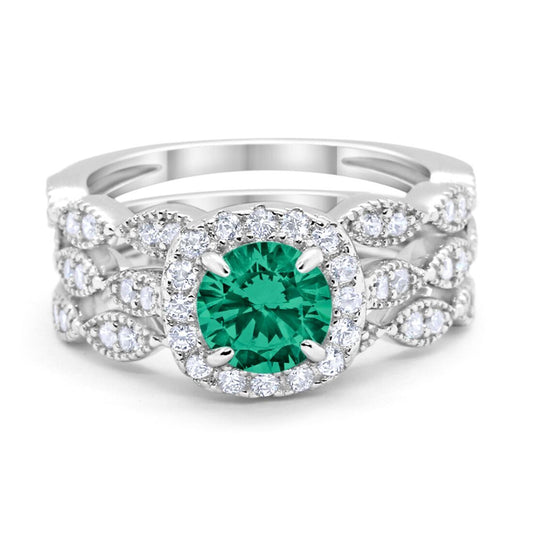 Halo Three Piece Wedding Bridal Set Simulated Green Emerald CZ Ring