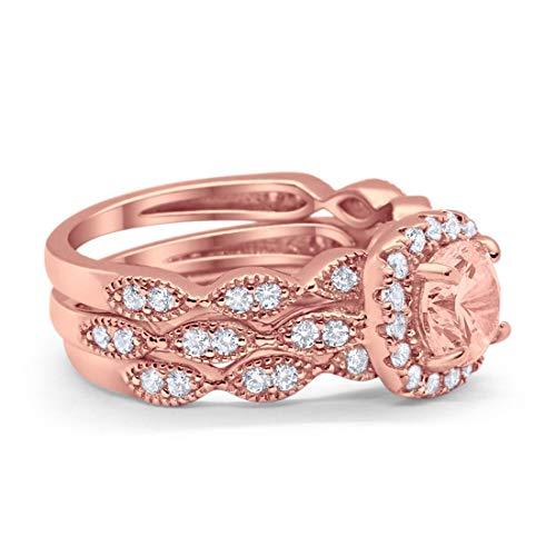 Halo Three Piece Wedding Rose Tone, Simulated Morganite CZ Ring