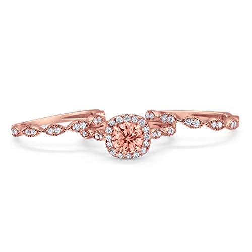 Halo Three Piece Wedding Rose Tone, Simulated Morganite CZ Ring