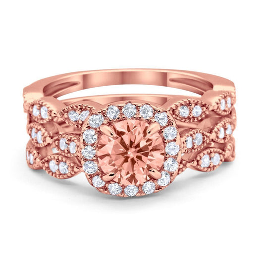 Halo Three Piece Wedding Rose Tone, Simulated Morganite CZ Ring