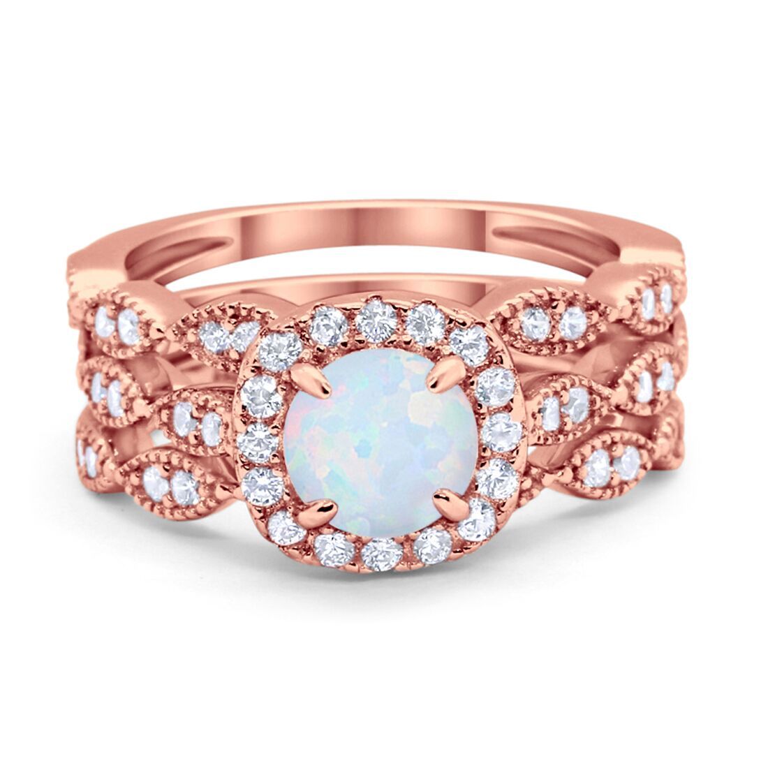 Halo Three Piece Wedding Bridal Rose Tone, Lab Created White Opal Ring