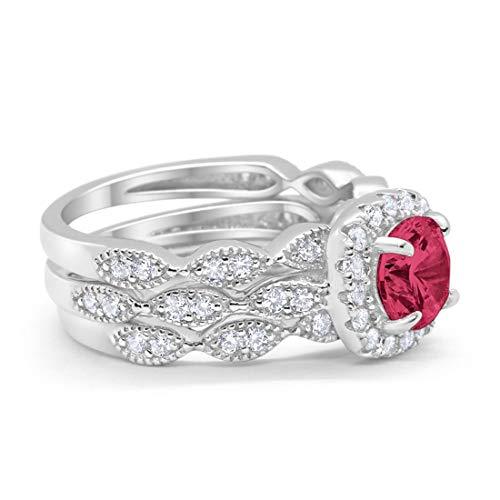 Halo Three Piece Wedding Simulated Ruby CZ Ring