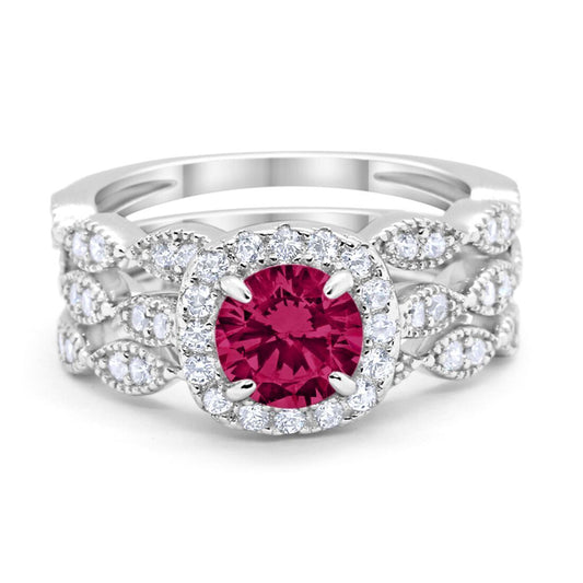 Halo Three Piece Wedding Simulated Ruby CZ Ring