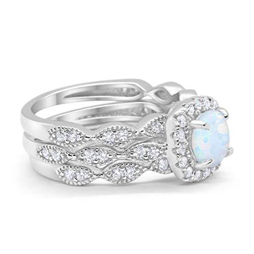 Halo Three Piece Lab Created White Opal Wedding Bridal Ring