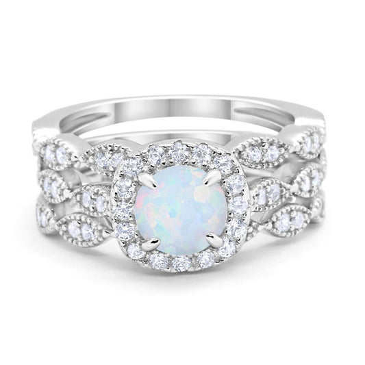 Halo Three Piece Lab Created White Opal Wedding Bridal Ring