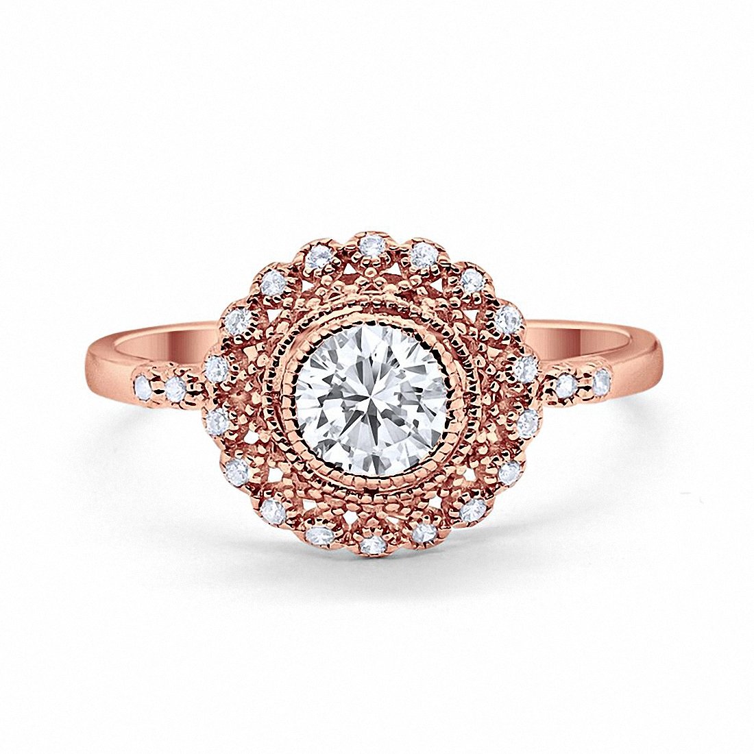 Halo Engagement Ring Bezel Round Rose Tone, Simulated CZ