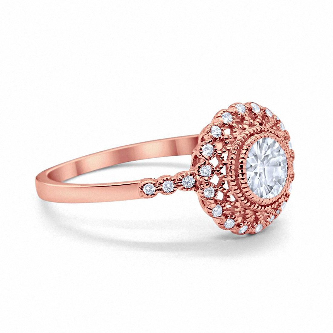 Halo Engagement Ring Bezel Round Rose Tone, Simulated CZ