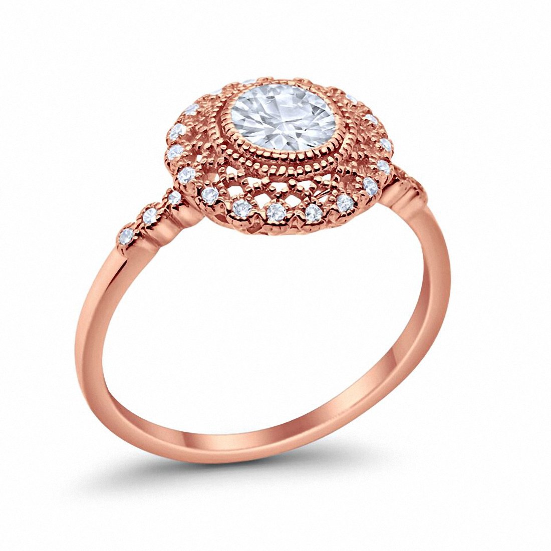 Halo Engagement Ring Bezel Round Rose Tone, Simulated CZ