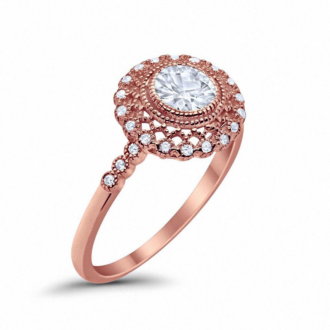 Halo Engagement Ring Bezel Round Rose Tone, Simulated CZ