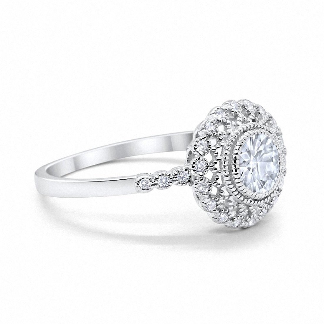 Halo Engagement Ring Bezel Round Simulated Cubic Zirconia