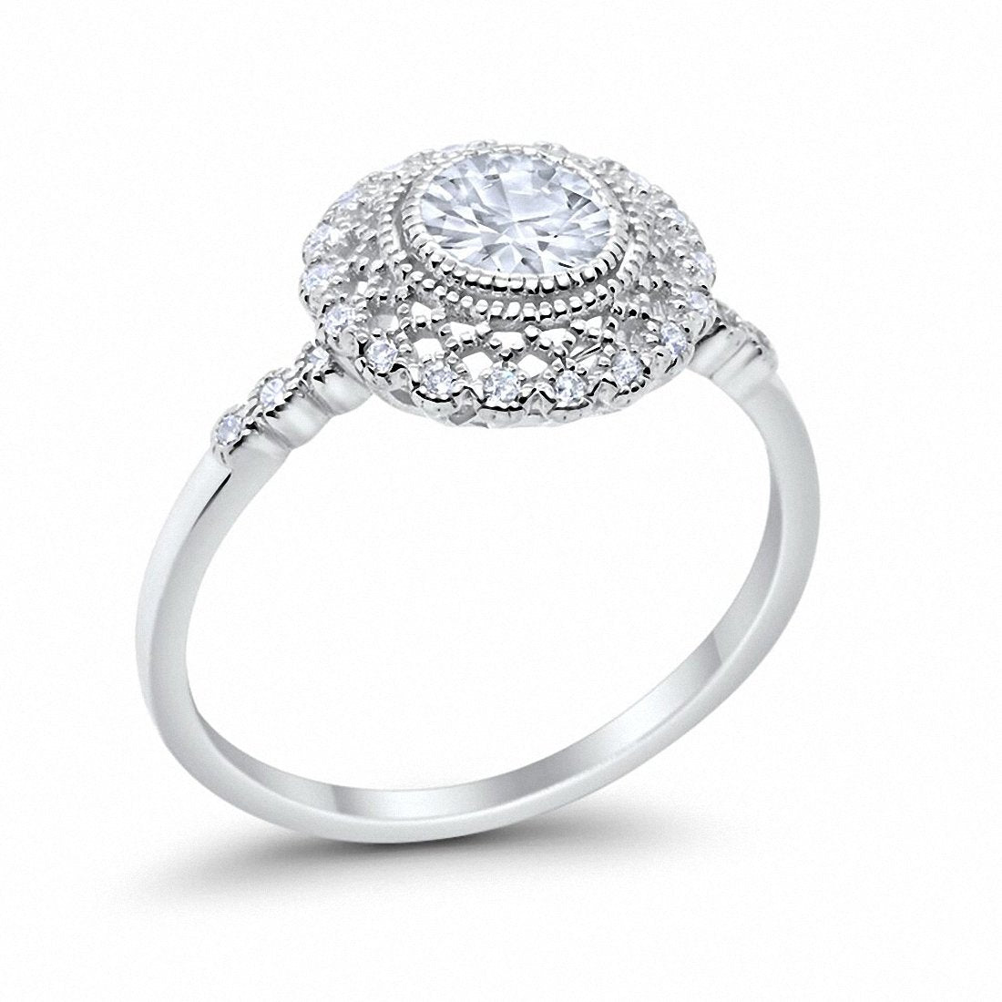 Halo Engagement Ring Bezel Round Simulated Cubic Zirconia