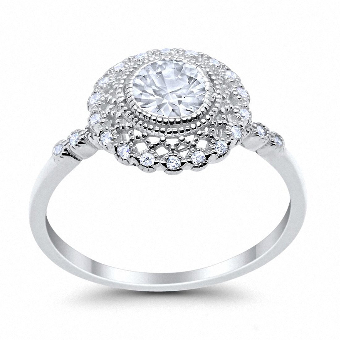 Halo Engagement Ring Bezel Round Simulated Cubic Zirconia