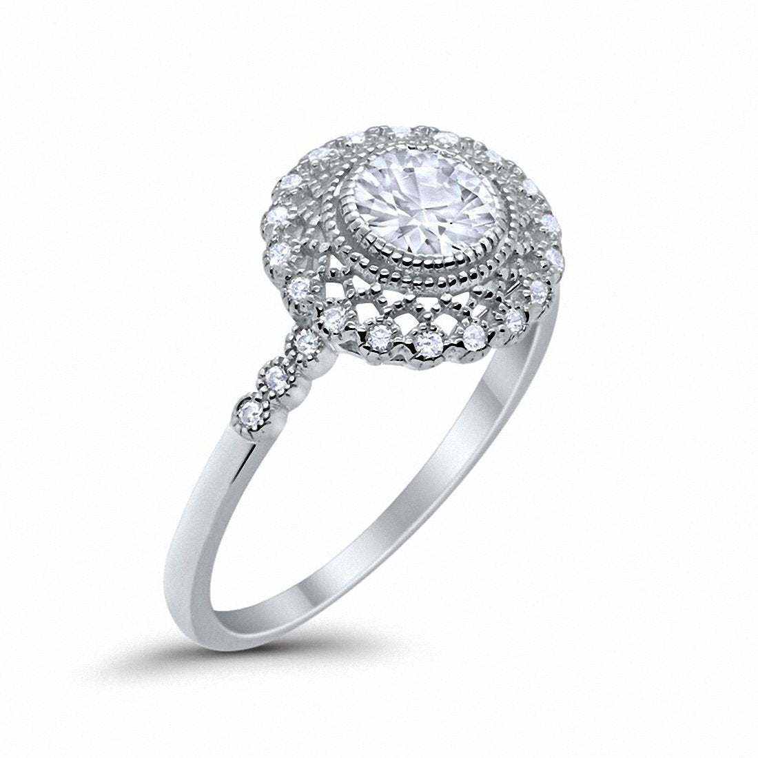 Halo Engagement Ring Bezel Round Simulated Cubic Zirconia