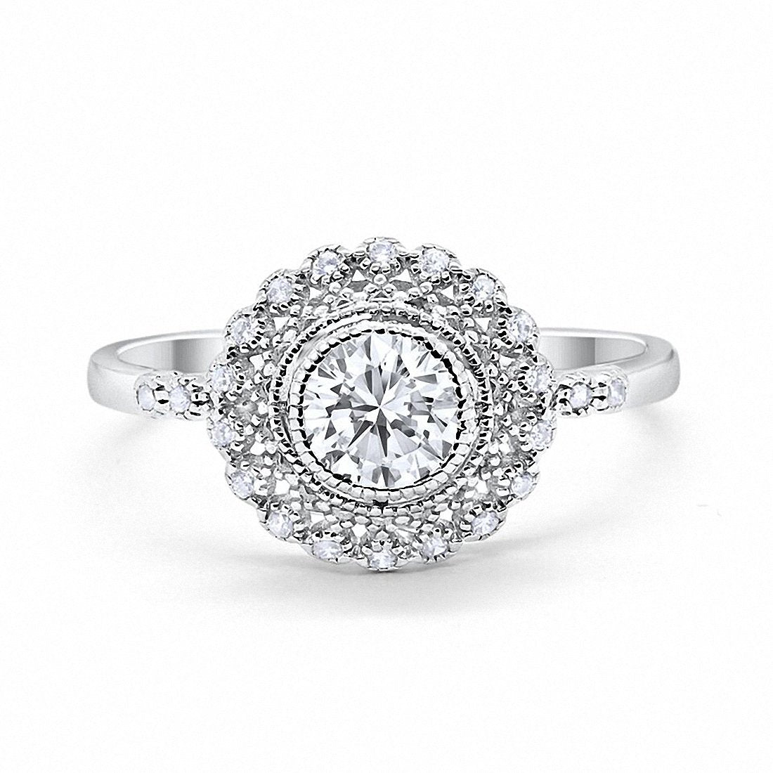 Halo Engagement Ring Bezel Round Simulated Cubic Zirconia