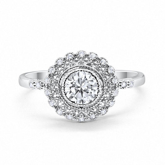 Halo Engagement Ring Bezel Round Simulated Cubic Zirconia