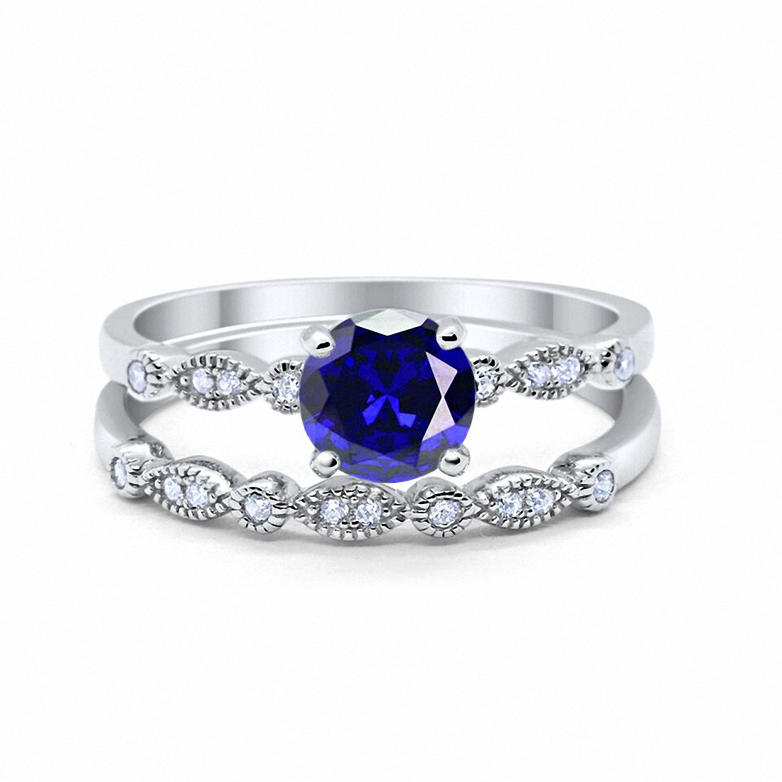 Art Deco Engagement Piece Ring Simulated Blue Sapphire CZ Round