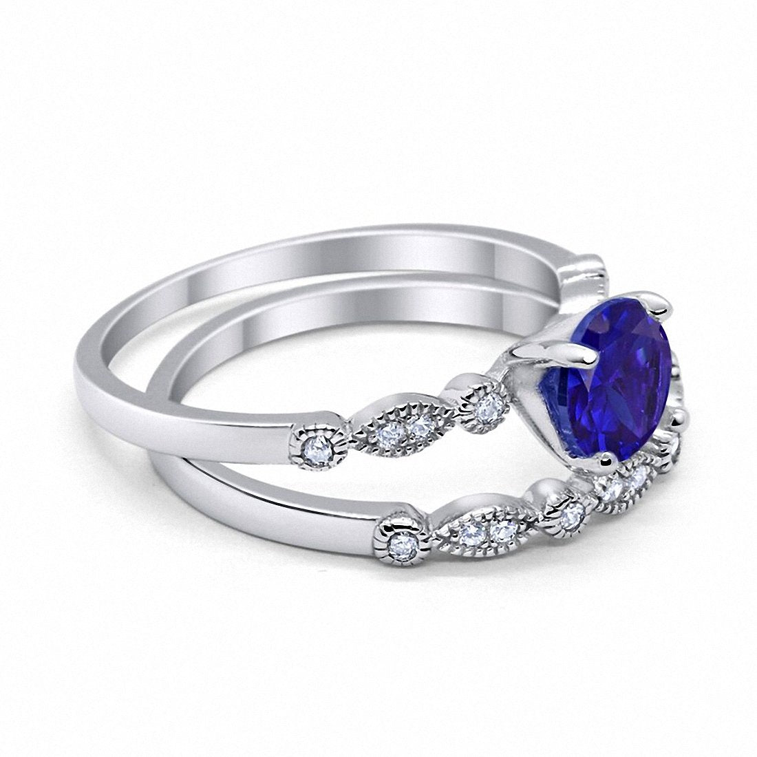 Art Deco Engagement Piece Ring Simulated Blue Sapphire CZ Round