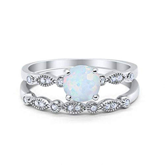 Art Deco Engagement Ring Lab Created White Opal Round